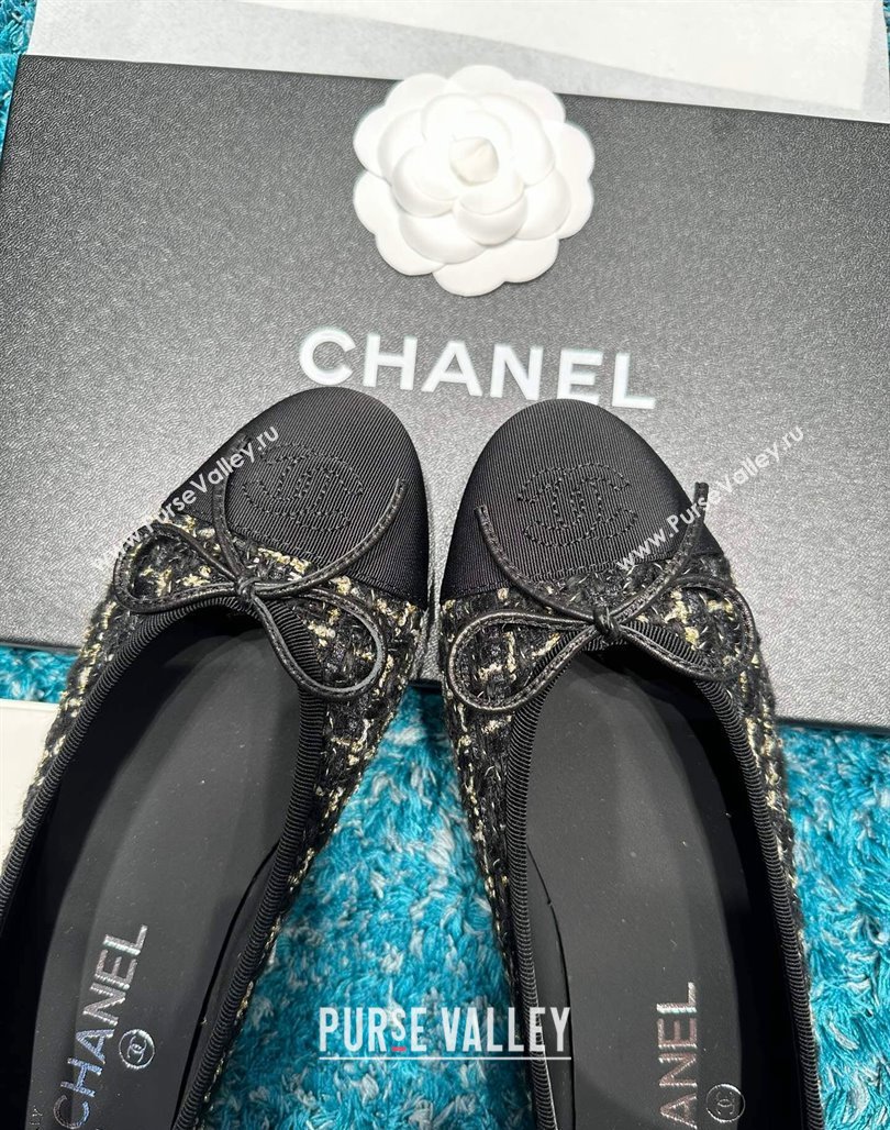 Chanel Classic Tweed GrosgrainBallet Flat Black/Gold 2024 0325 (SS-240325052)