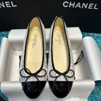 Chanel Classic Tweed Patent Calfskin Ballet Flat Black/White 2024 0325 (SS-240325053)