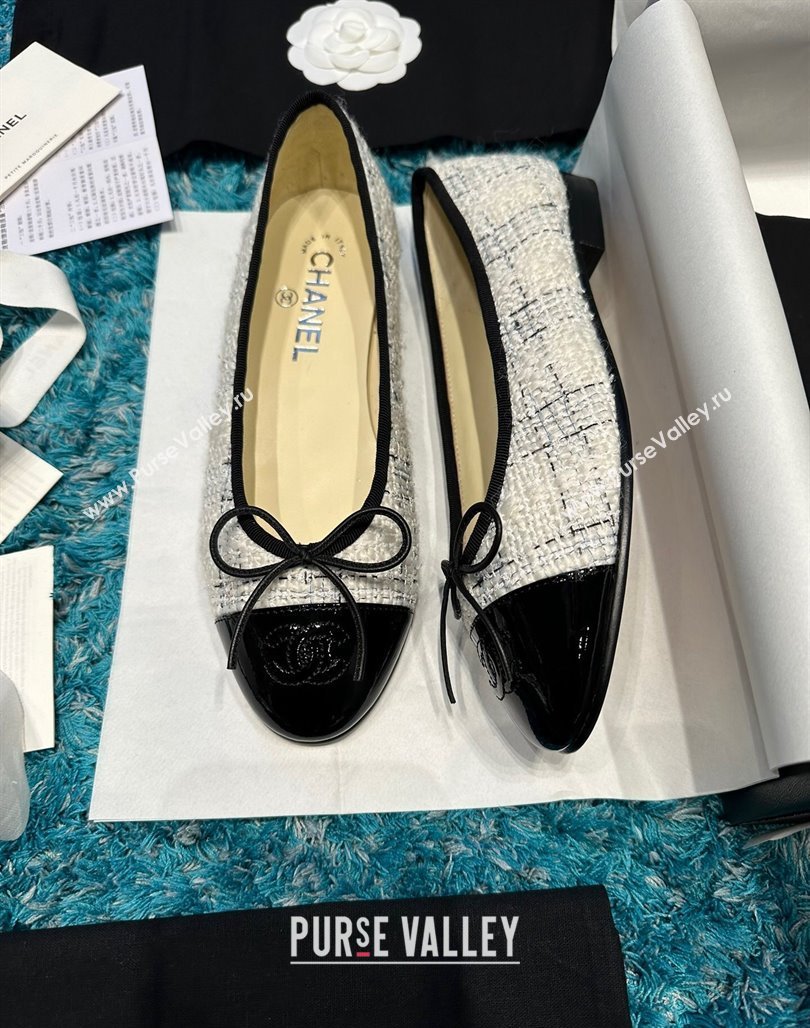 Chanel Classic Tweed Patent Calfskin Ballet Flat Black/White 2024 0325 (SS-240325053)