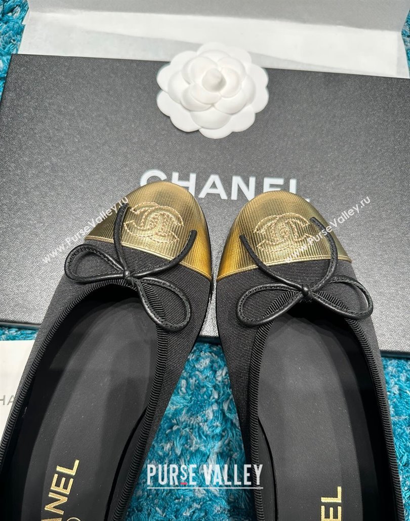 Chanel Classic Grosgrain Ballet Flat Black/Gold 2 2024 0325 (SS-240325054)