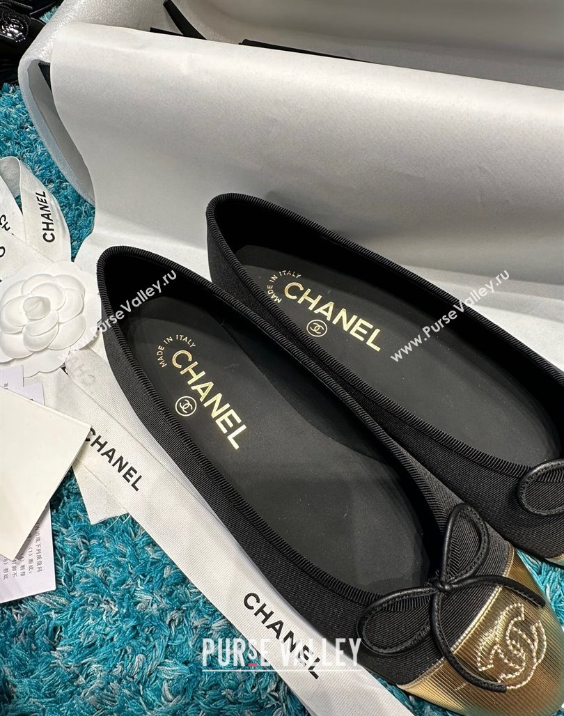 Chanel Classic Grosgrain Ballet Flat Black/Gold 2 2024 0325 (SS-240325054)