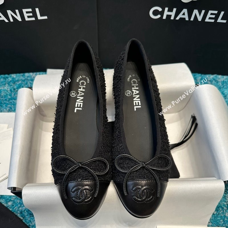 Chanel Classic Tweed Leather Ballet Flat All Black 2024 0325 (SS-240325058)