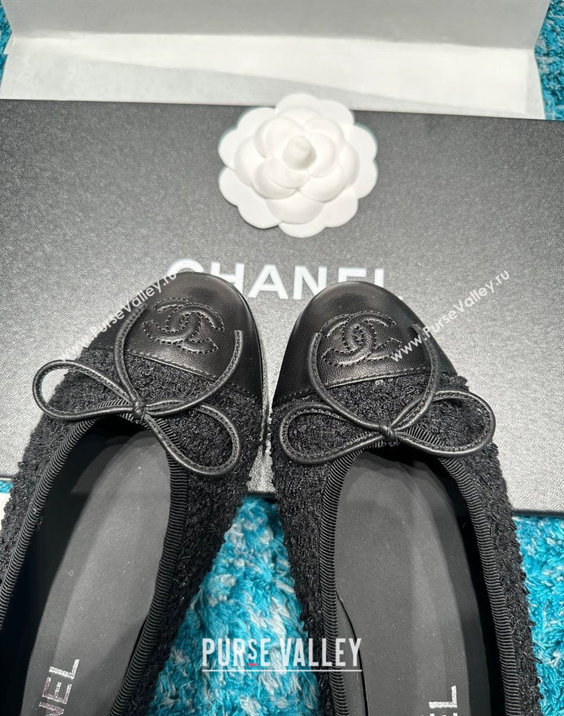 Chanel Classic Tweed Leather Ballet Flat All Black 2024 0325 (SS-240325058)