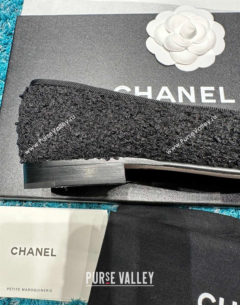 Chanel Classic Tweed Leather Ballet Flat All Black 2024 0325 (SS-240325058)