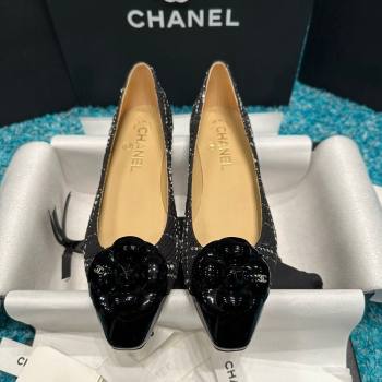 Chanel Tweed Camellia Bloom Ballet Flat Black 2024 112236 (SS-240325070)