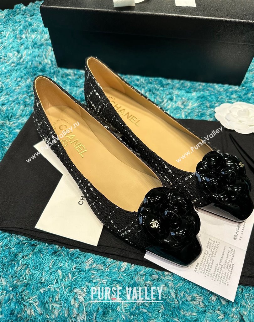 Chanel Tweed Camellia Bloom Ballet Flat Black 2024 112236 (SS-240325070)