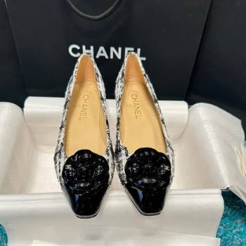 Chanel Tweed Camellia Bloom Ballet Flat Black/White2 2024 112236 (SS-240325072)