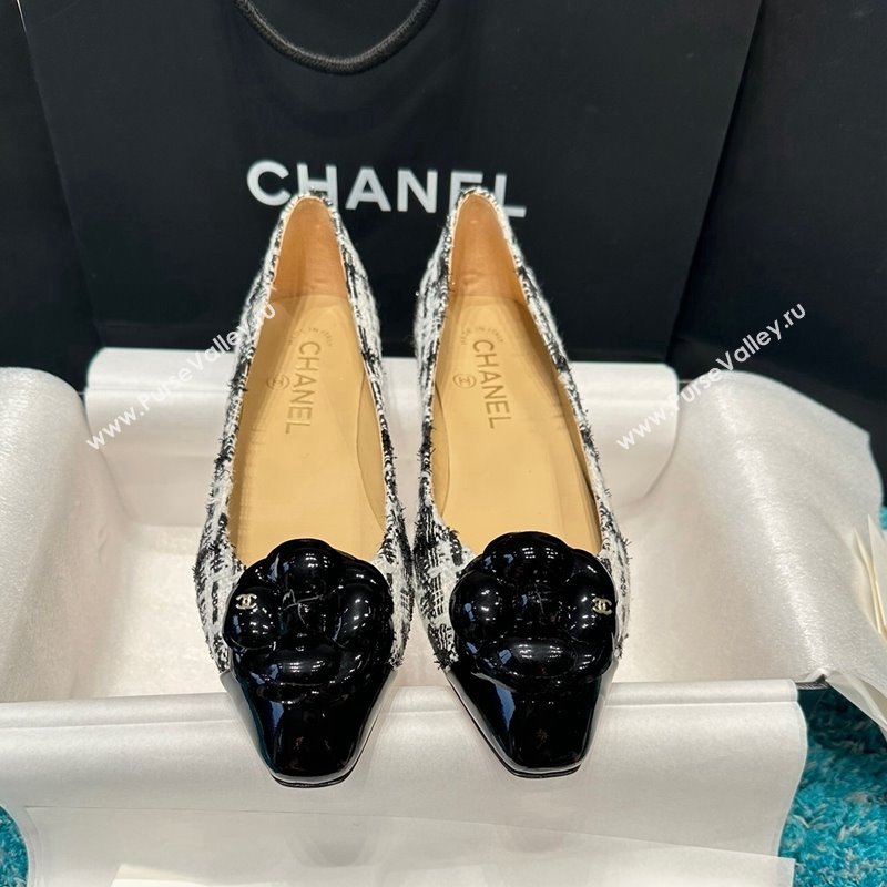 Chanel Tweed Camellia Bloom Ballet Flat Black/White2 2024 112236 (SS-240325072)