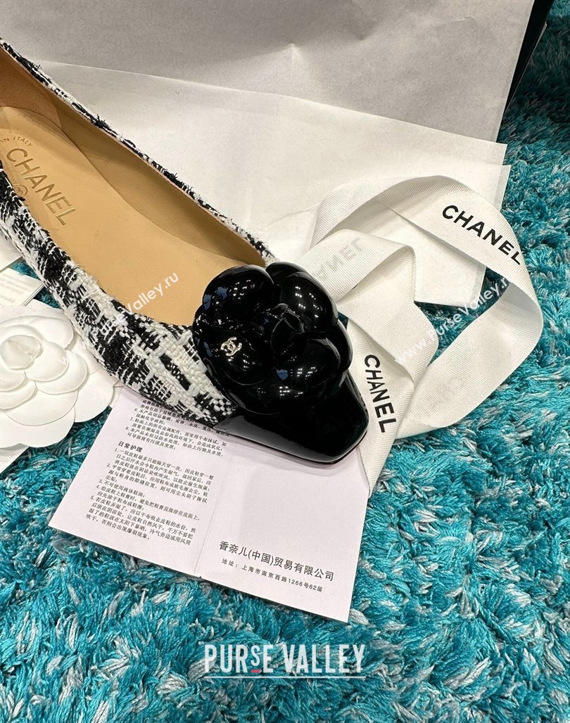 Chanel Tweed Camellia Bloom Ballet Flat Black/White2 2024 112236 (SS-240325072)