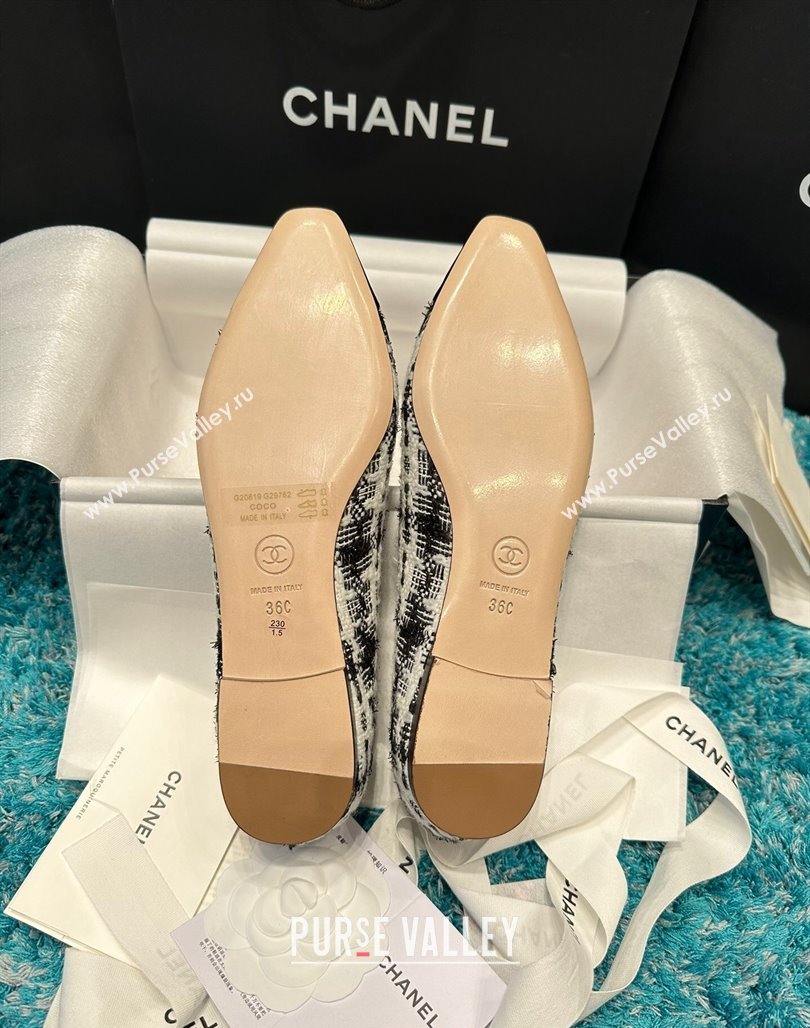 Chanel Tweed Camellia Bloom Ballet Flat Black/White2 2024 112236 (SS-240325072)