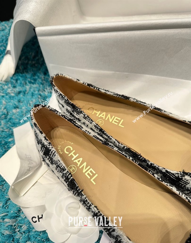 Chanel Tweed Camellia Bloom Ballet Flat Black/White2 2024 112236 (SS-240325072)