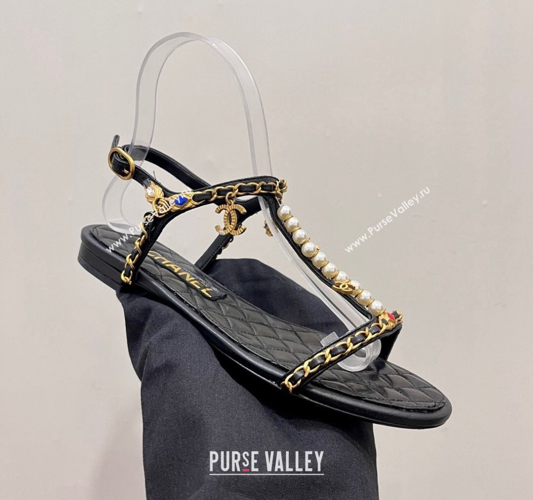 Chanel Lambskin Flat Sandals with Pearls and Chain Black 2024 0325 (SS-240325074)