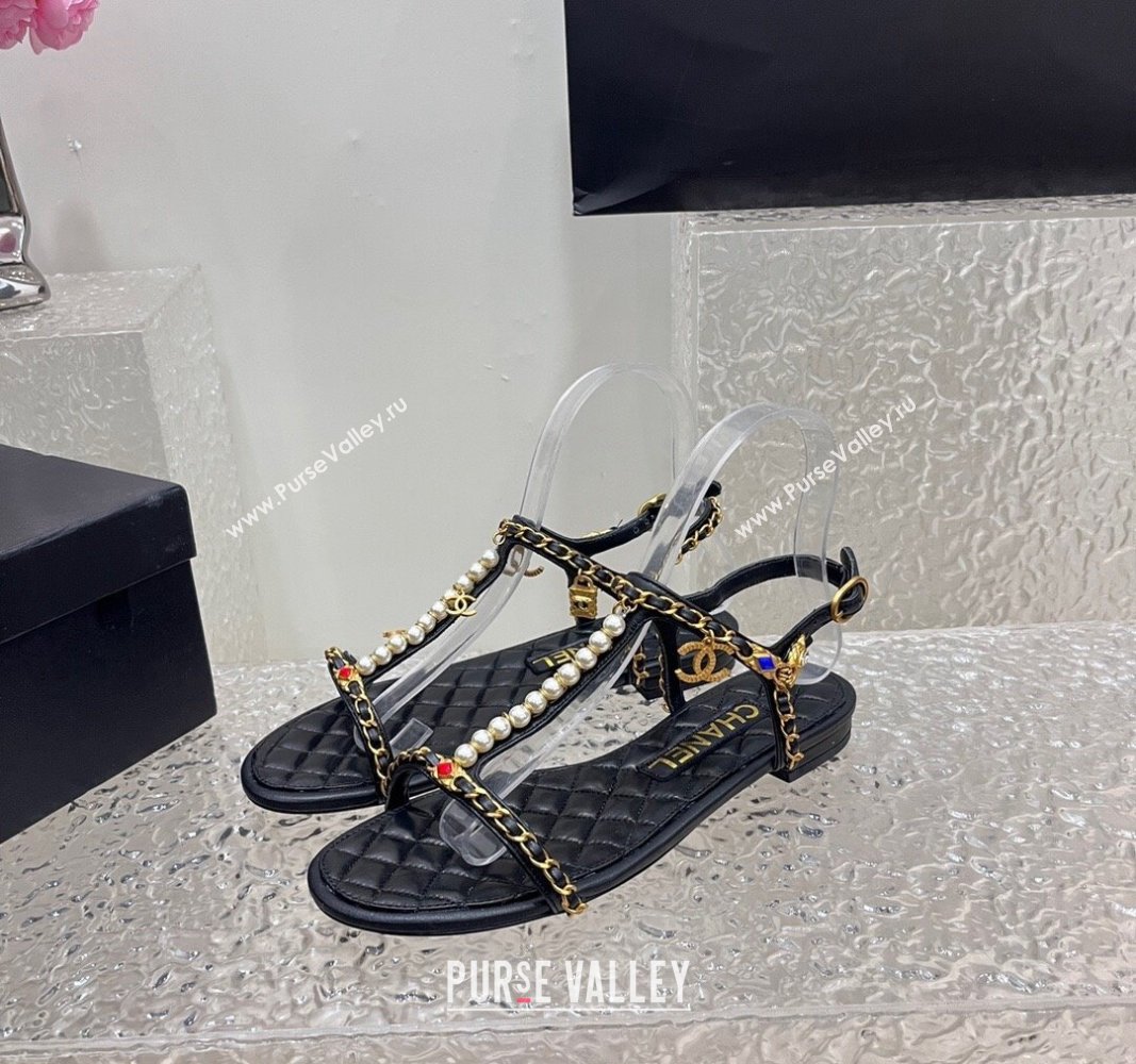 Chanel Lambskin Flat Sandals with Pearls and Chain Black 2024 0325 (SS-240325074)