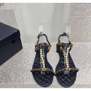 Chanel Lambskin Flat Sandals with Pearls and Chain Black 2024 0325 (SS-240325074)