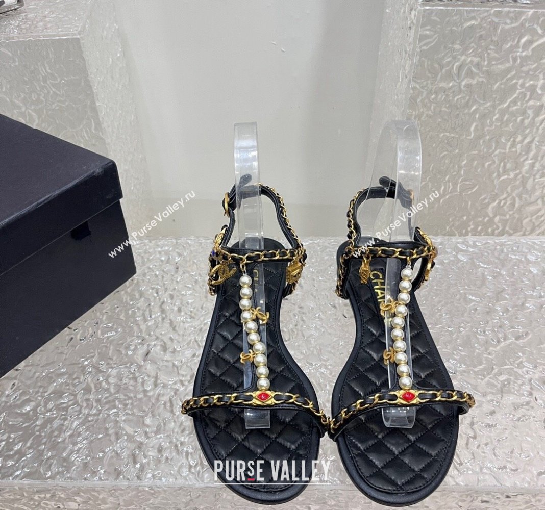 Chanel Lambskin Flat Sandals with Pearls and Chain Black 2024 0325 (SS-240325074)