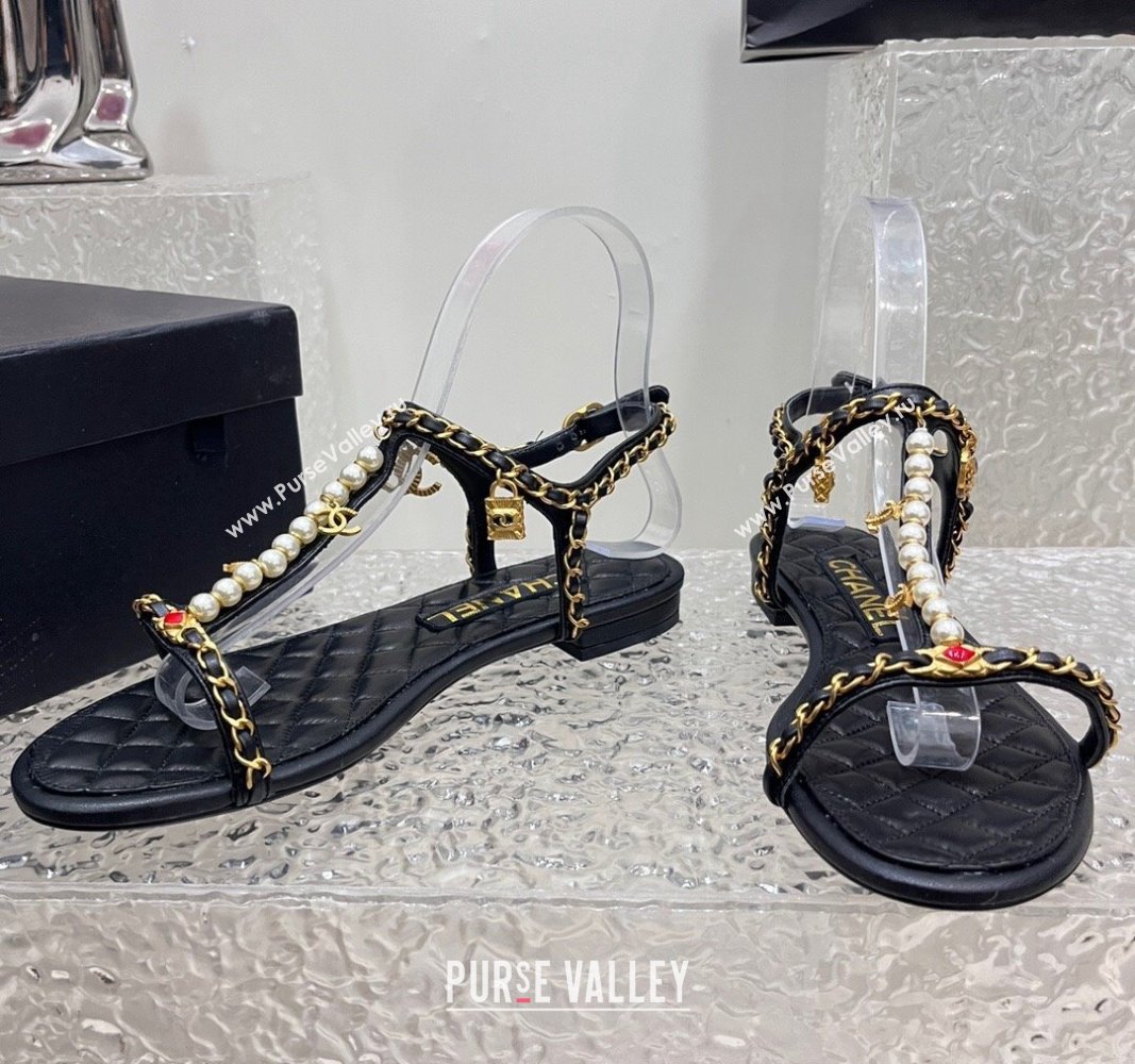 Chanel Lambskin Flat Sandals with Pearls and Chain Black 2024 0325 (SS-240325074)