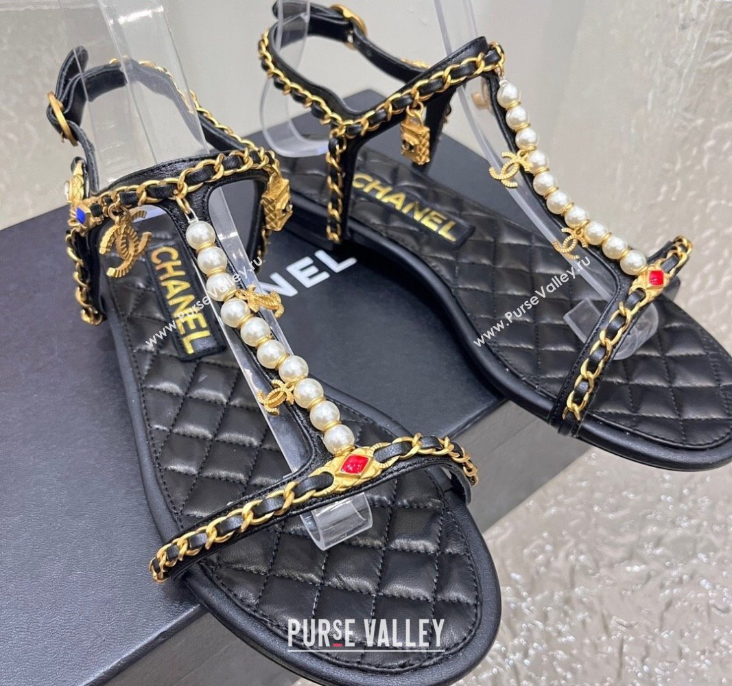 Chanel Lambskin Flat Sandals with Pearls and Chain Black 2024 0325 (SS-240325074)