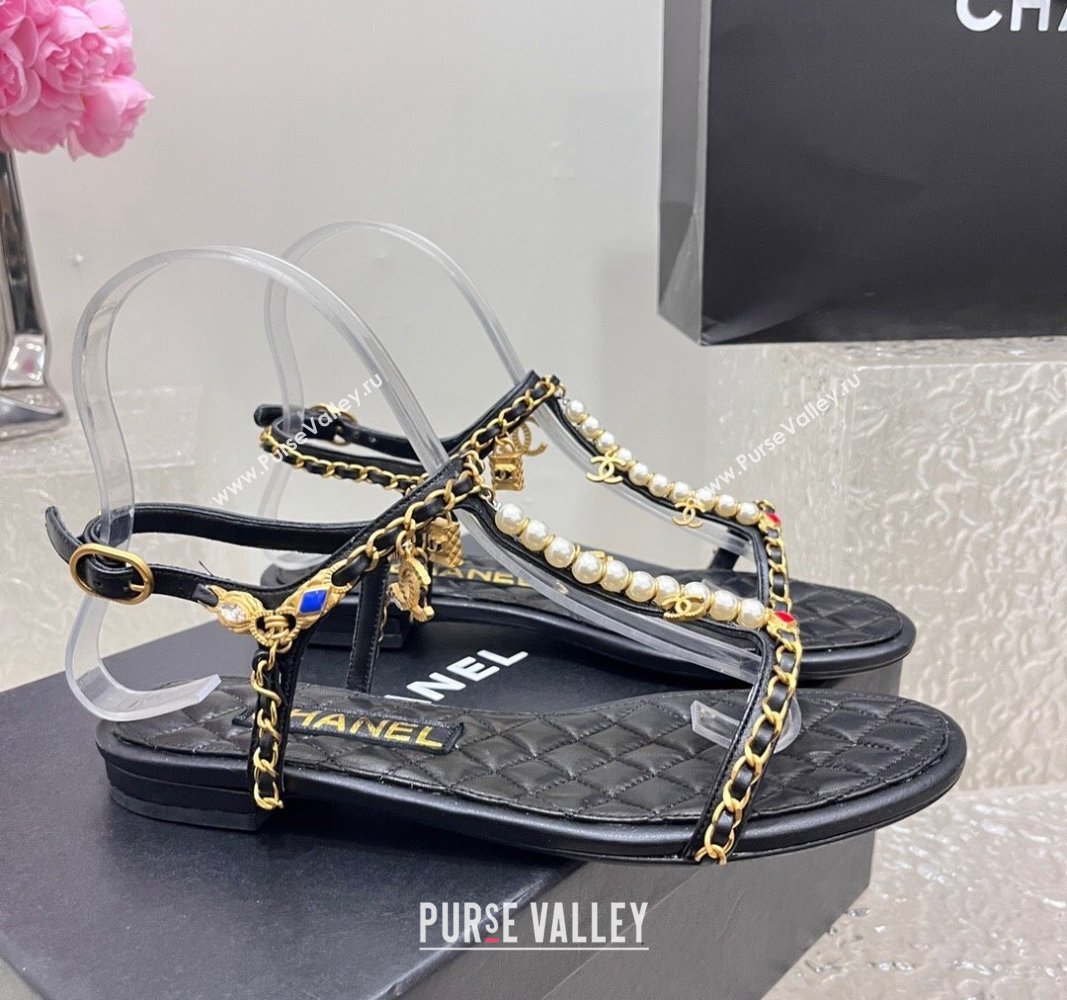 Chanel Lambskin Flat Sandals with Pearls and Chain Black 2024 0325 (SS-240325074)