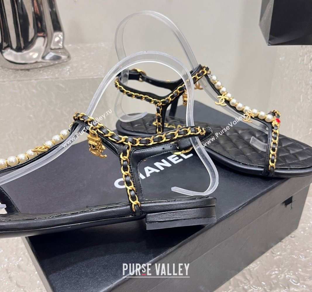 Chanel Lambskin Flat Sandals with Pearls and Chain Black 2024 0325 (SS-240325074)