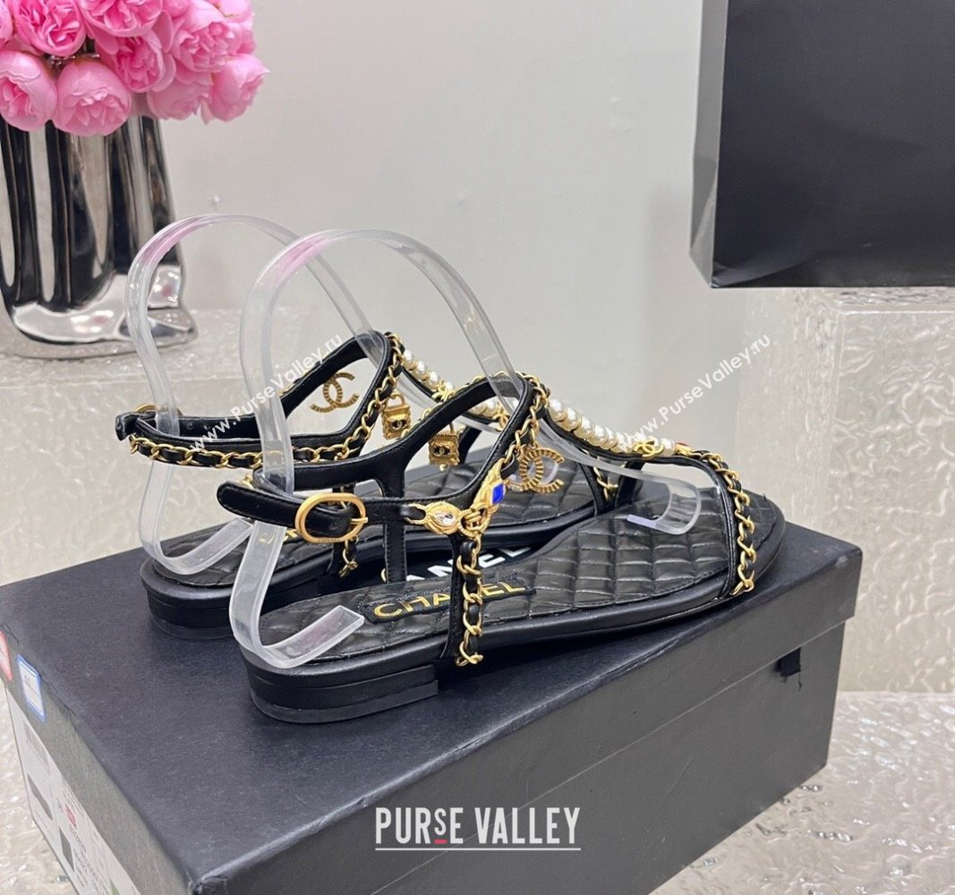 Chanel Lambskin Flat Sandals with Pearls and Chain Black 2024 0325 (SS-240325074)