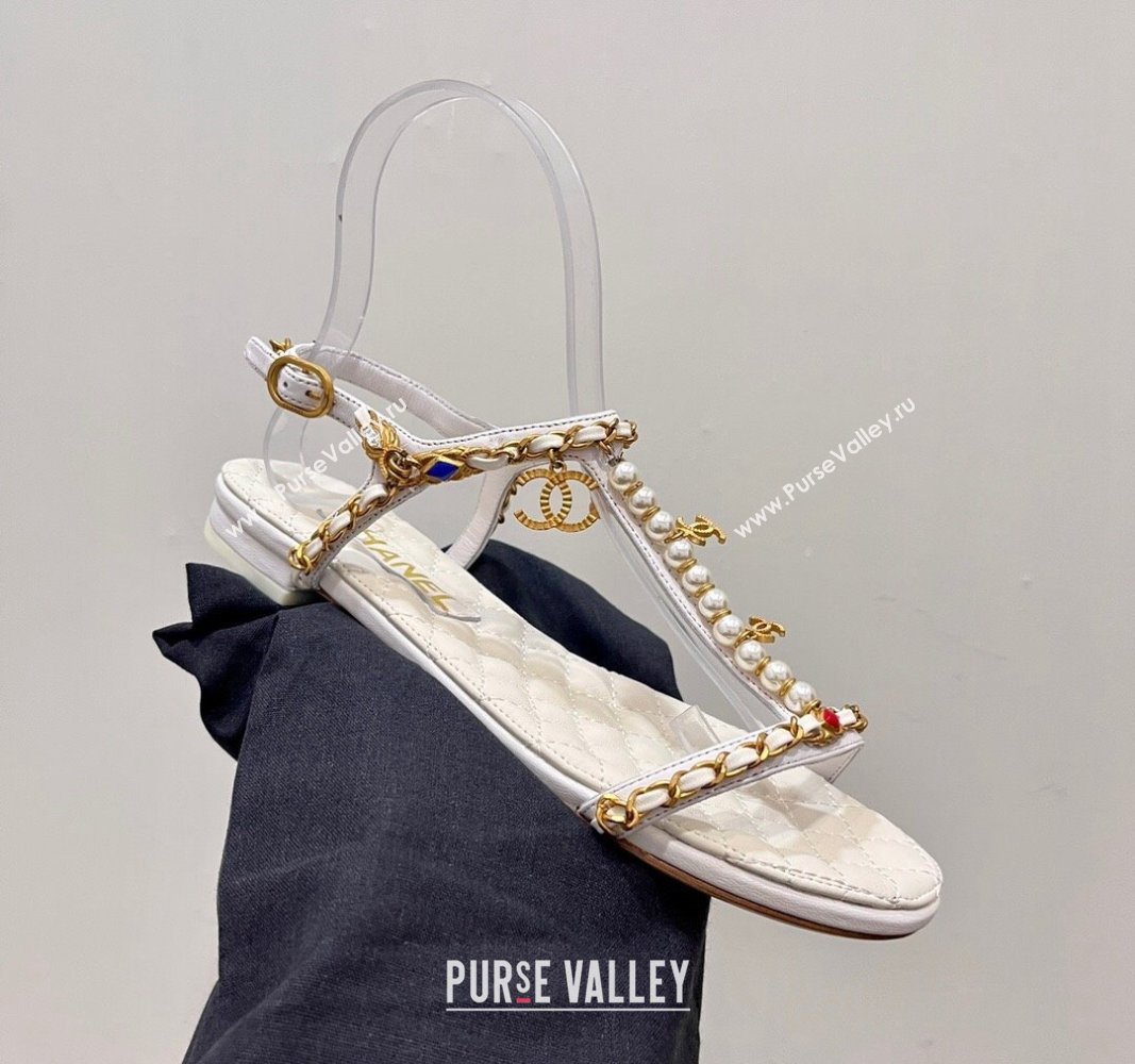 Chanel Lambskin Flat Sandals with Pearls and Chain White 2024 0325 (SS-240325075)