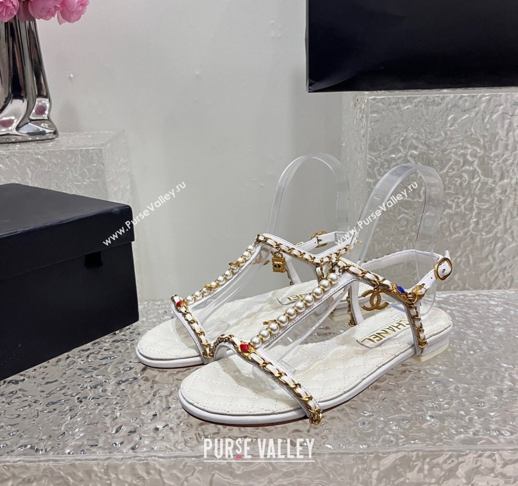 Chanel Lambskin Flat Sandals with Pearls and Chain White 2024 0325 (SS-240325075)