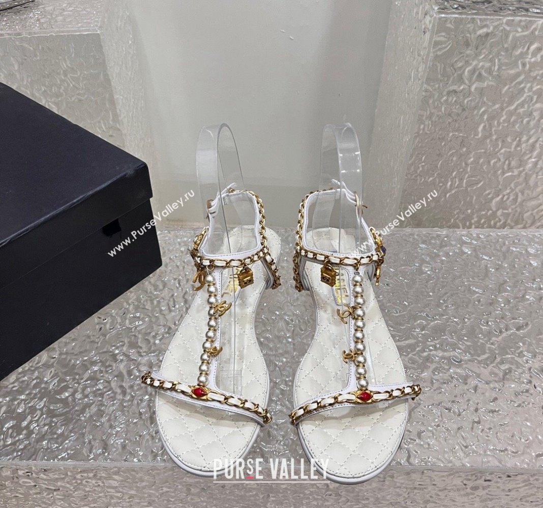 Chanel Lambskin Flat Sandals with Pearls and Chain White 2024 0325 (SS-240325075)