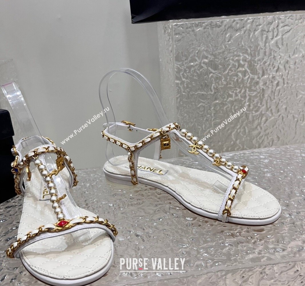 Chanel Lambskin Flat Sandals with Pearls and Chain White 2024 0325 (SS-240325075)