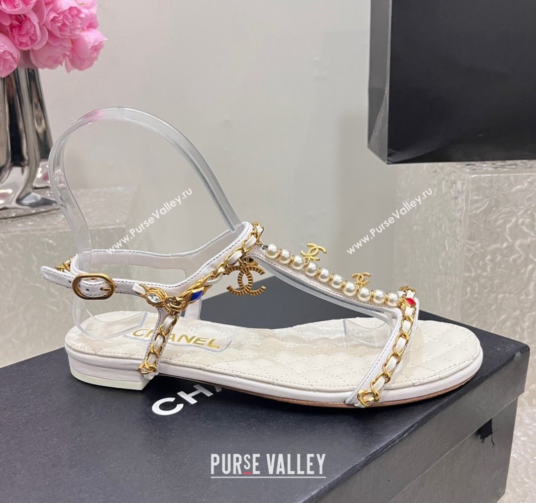 Chanel Lambskin Flat Sandals with Pearls and Chain White 2024 0325 (SS-240325075)