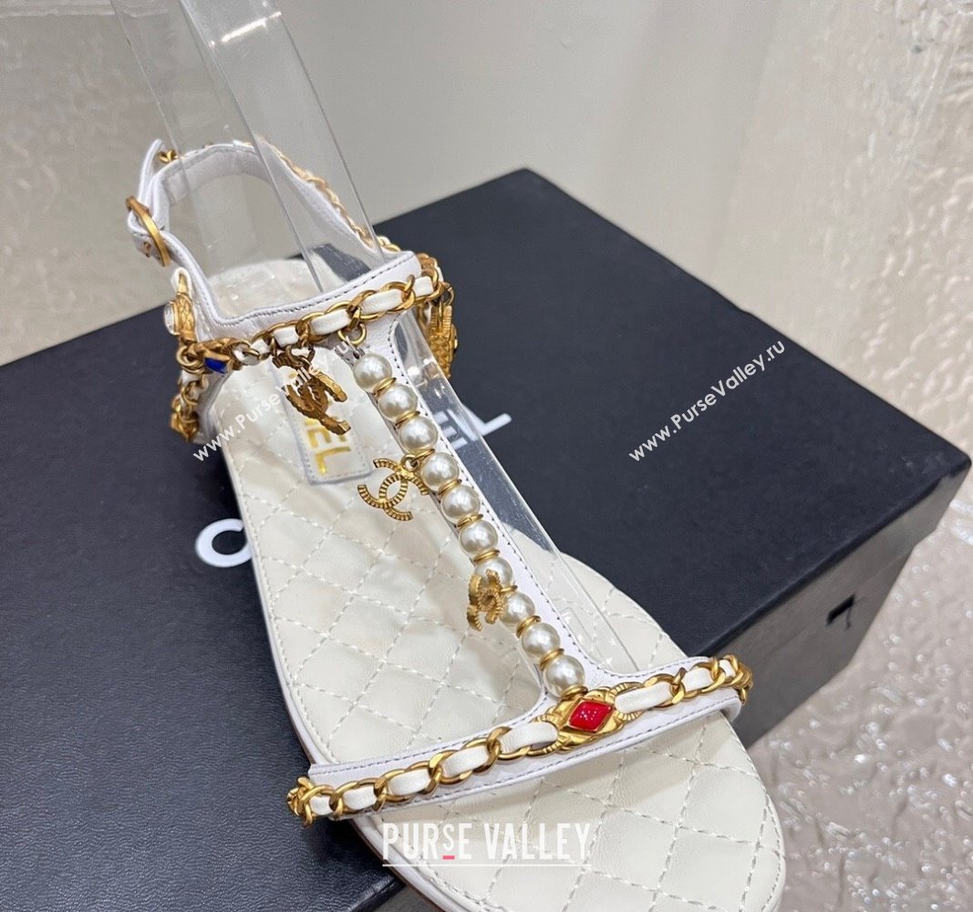 Chanel Lambskin Flat Sandals with Pearls and Chain White 2024 0325 (SS-240325075)