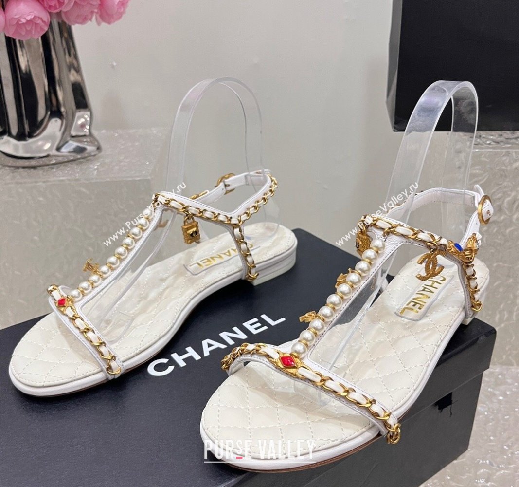 Chanel Lambskin Flat Sandals with Pearls and Chain White 2024 0325 (SS-240325075)