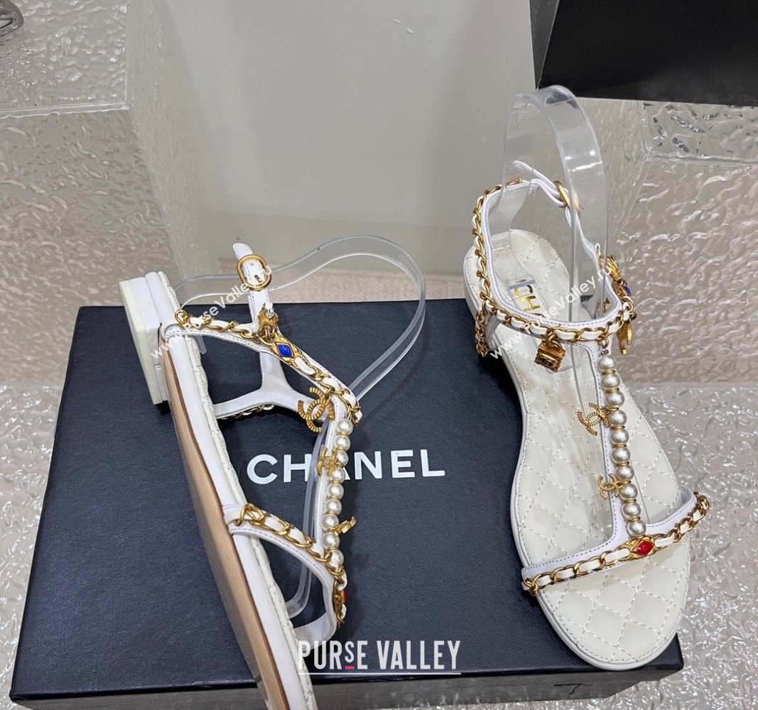 Chanel Lambskin Flat Sandals with Pearls and Chain White 2024 0325 (SS-240325075)