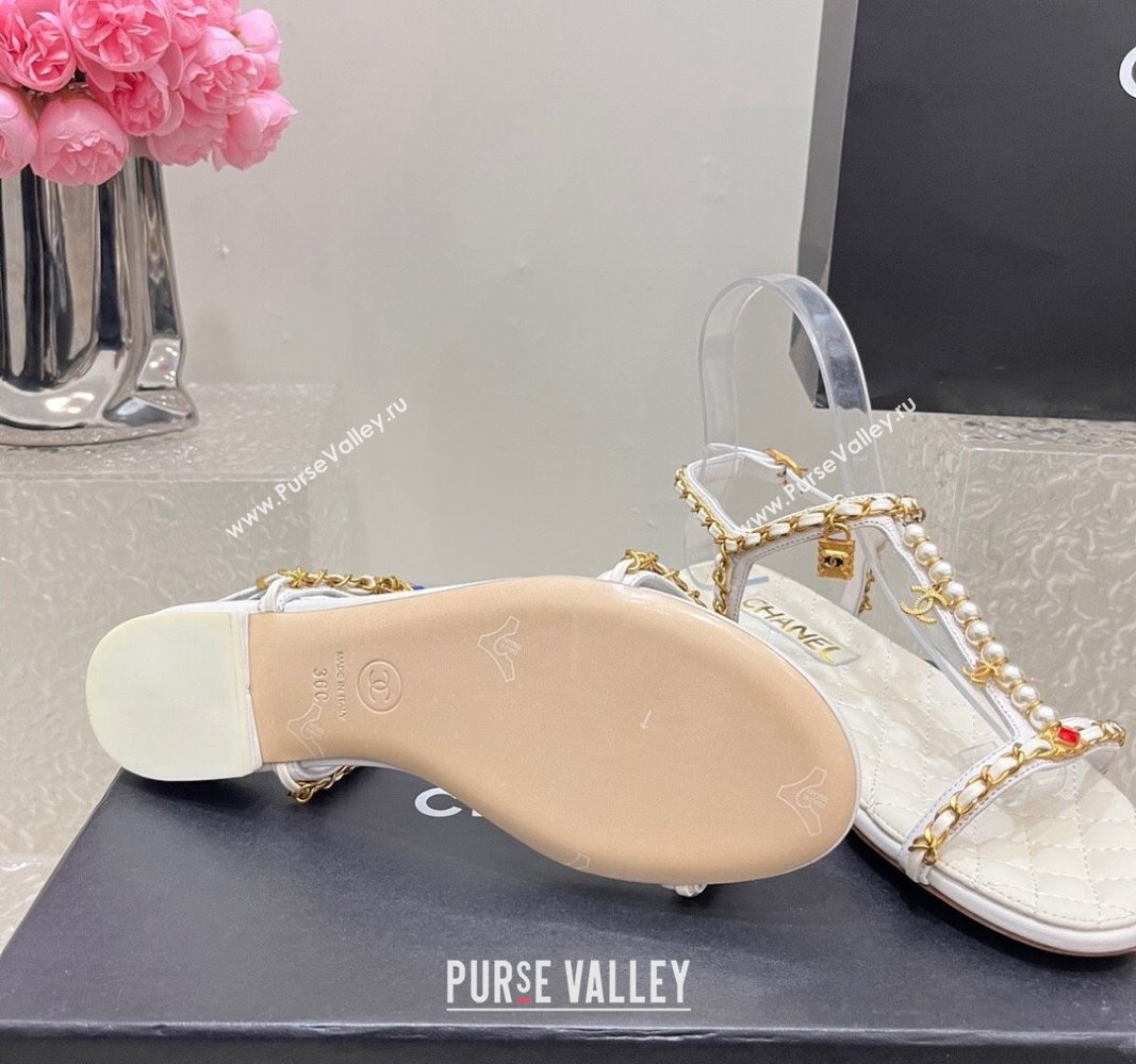 Chanel Lambskin Flat Sandals with Pearls and Chain White 2024 0325 (SS-240325075)