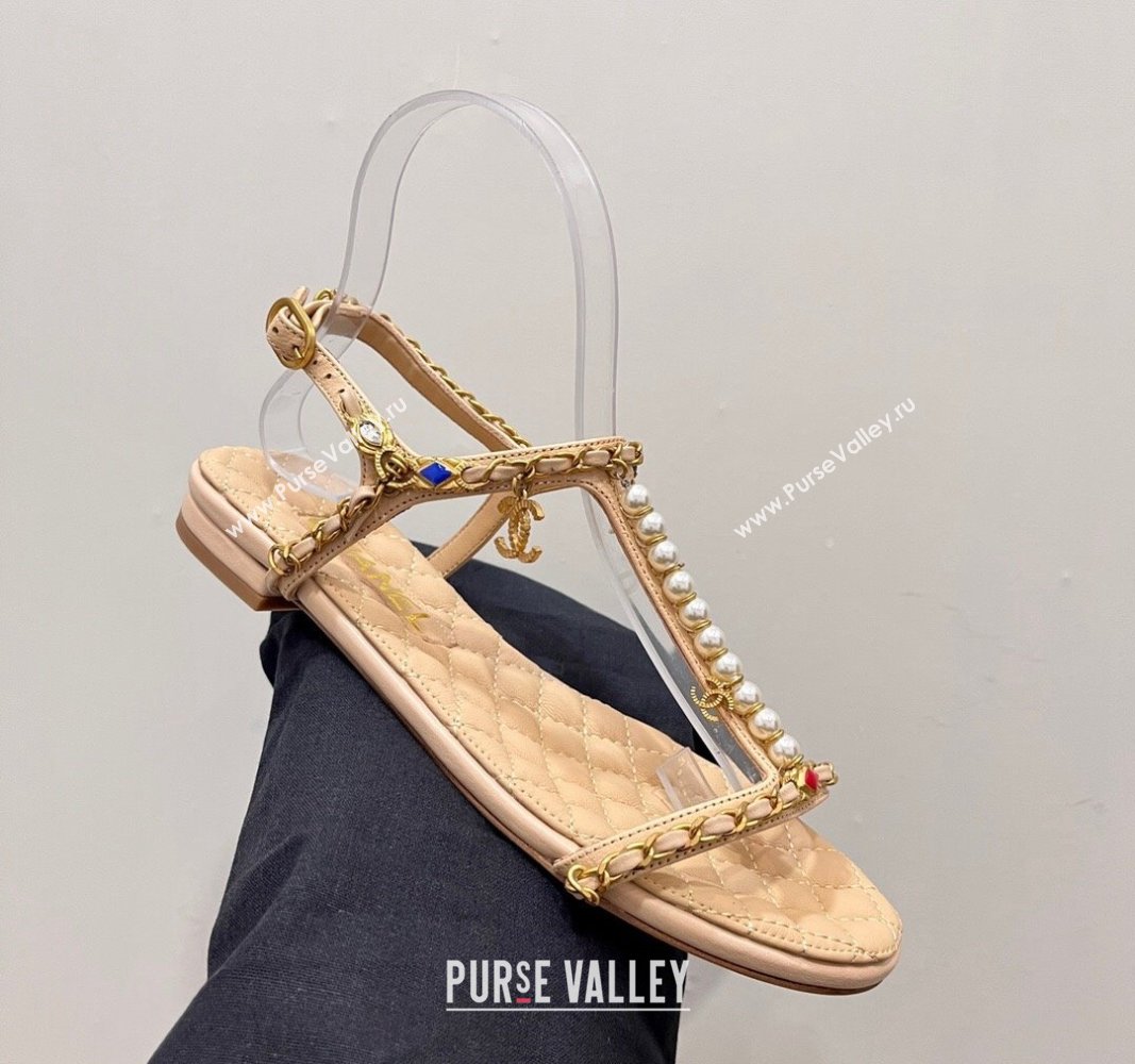 Chanel Lambskin Flat Sandals with Pearls and Chain Beige 2024 0325 (SS-240325076)