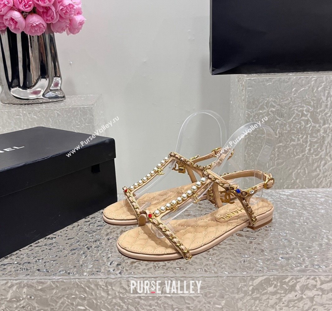 Chanel Lambskin Flat Sandals with Pearls and Chain Beige 2024 0325 (SS-240325076)