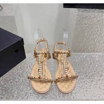 Chanel Lambskin Flat Sandals with Pearls and Chain Beige 2024 0325 (SS-240325076)