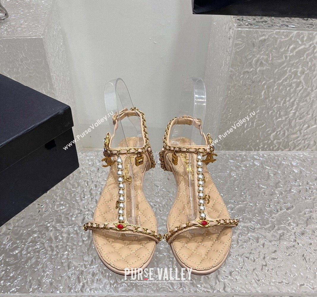 Chanel Lambskin Flat Sandals with Pearls and Chain Beige 2024 0325 (SS-240325076)