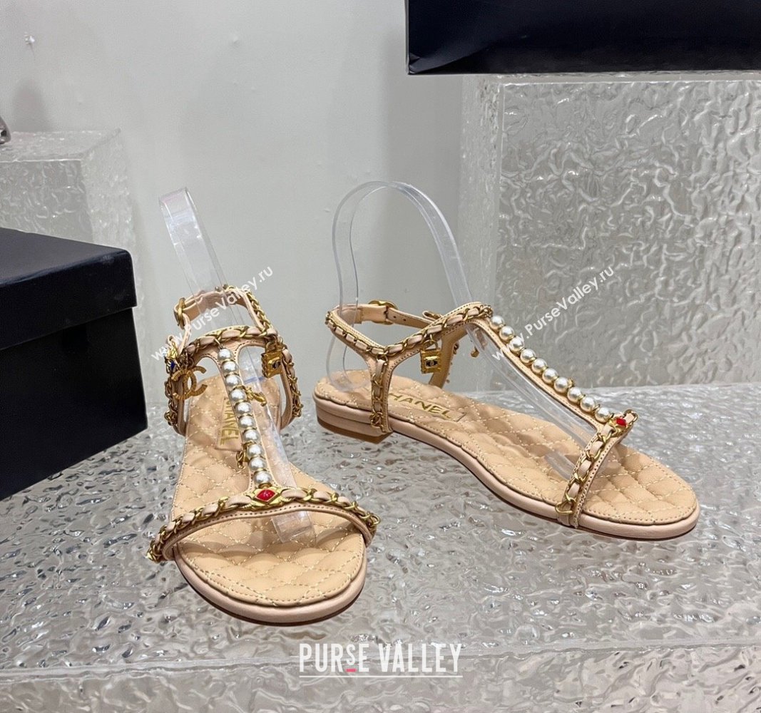 Chanel Lambskin Flat Sandals with Pearls and Chain Beige 2024 0325 (SS-240325076)