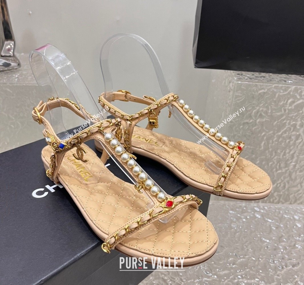 Chanel Lambskin Flat Sandals with Pearls and Chain Beige 2024 0325 (SS-240325076)