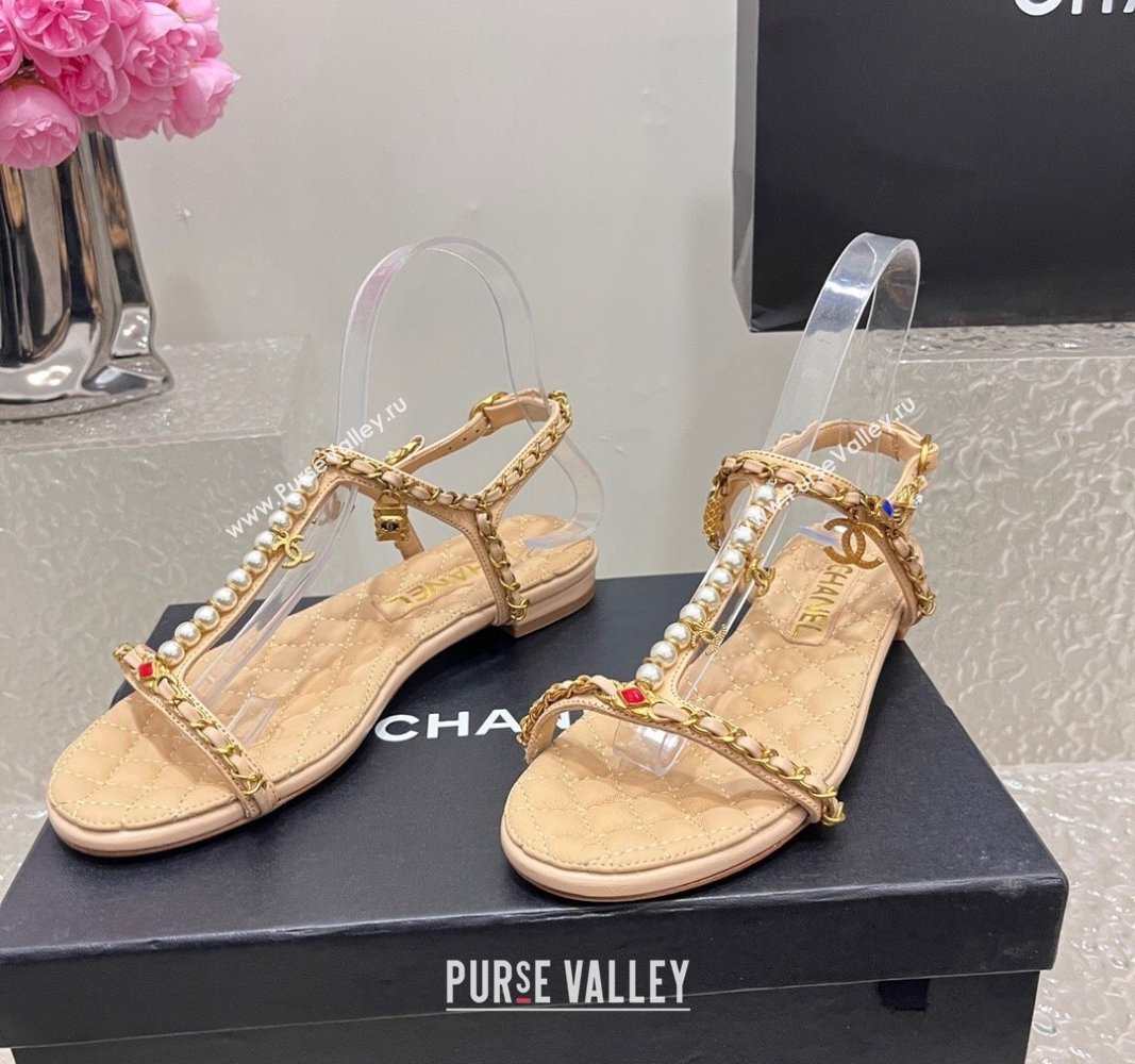 Chanel Lambskin Flat Sandals with Pearls and Chain Beige 2024 0325 (SS-240325076)