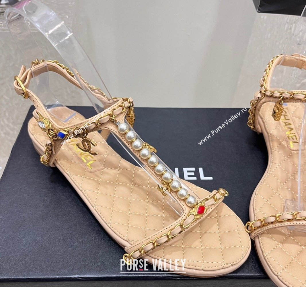 Chanel Lambskin Flat Sandals with Pearls and Chain Beige 2024 0325 (SS-240325076)