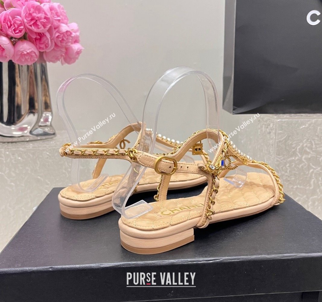 Chanel Lambskin Flat Sandals with Pearls and Chain Beige 2024 0325 (SS-240325076)