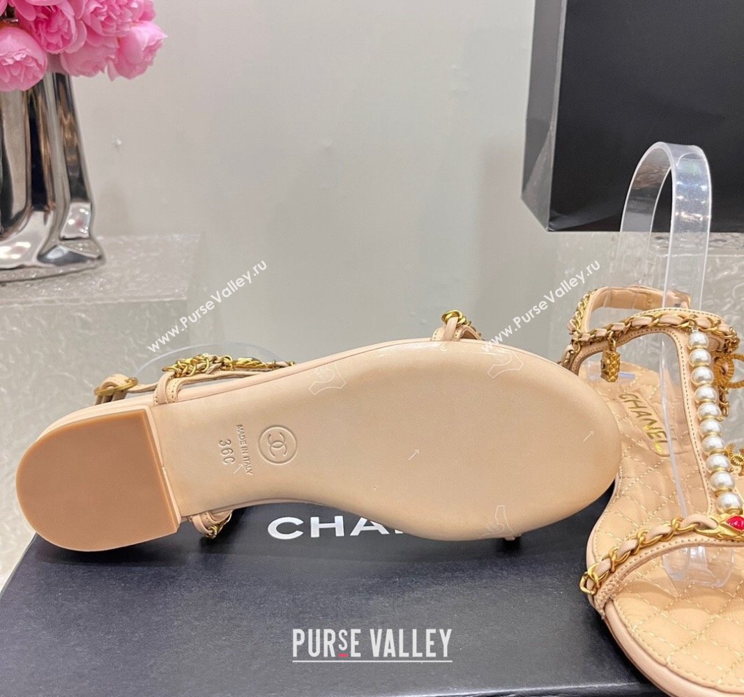 Chanel Lambskin Flat Sandals with Pearls and Chain Beige 2024 0325 (SS-240325076)