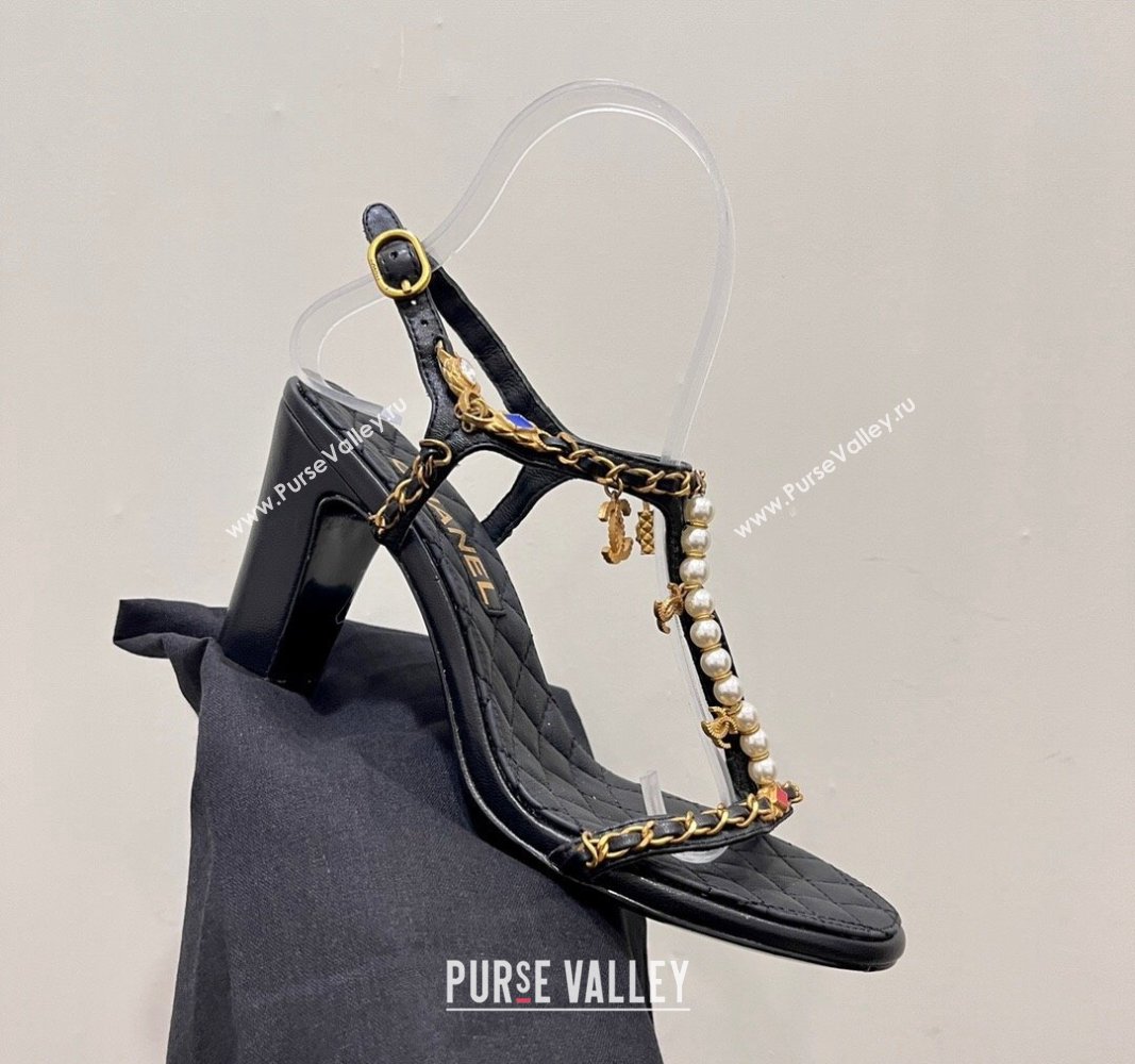 Chanel Lambskin Heel Sandals 8cm with Pearls and Chain Black 2024 0325 (SS-240325077)