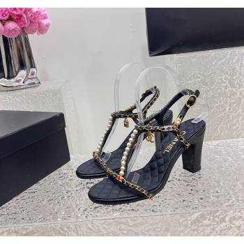 Chanel Lambskin Heel Sandals 8cm with Pearls and Chain Black 2024 0325 (SS-240325077)