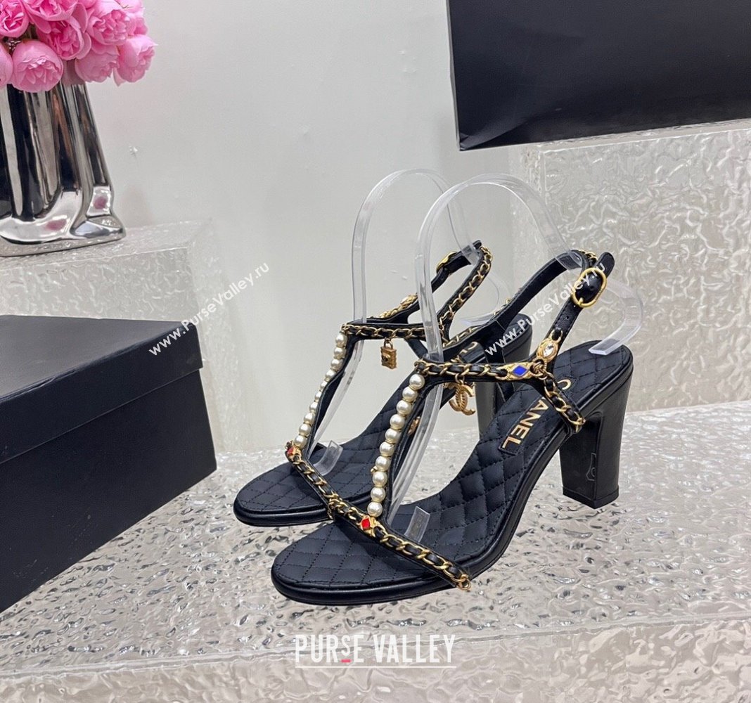 Chanel Lambskin Heel Sandals 8cm with Pearls and Chain Black 2024 0325 (SS-240325077)