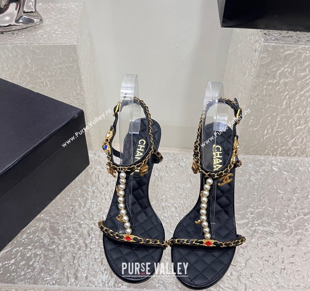 Chanel Lambskin Heel Sandals 8cm with Pearls and Chain Black 2024 0325 (SS-240325077)