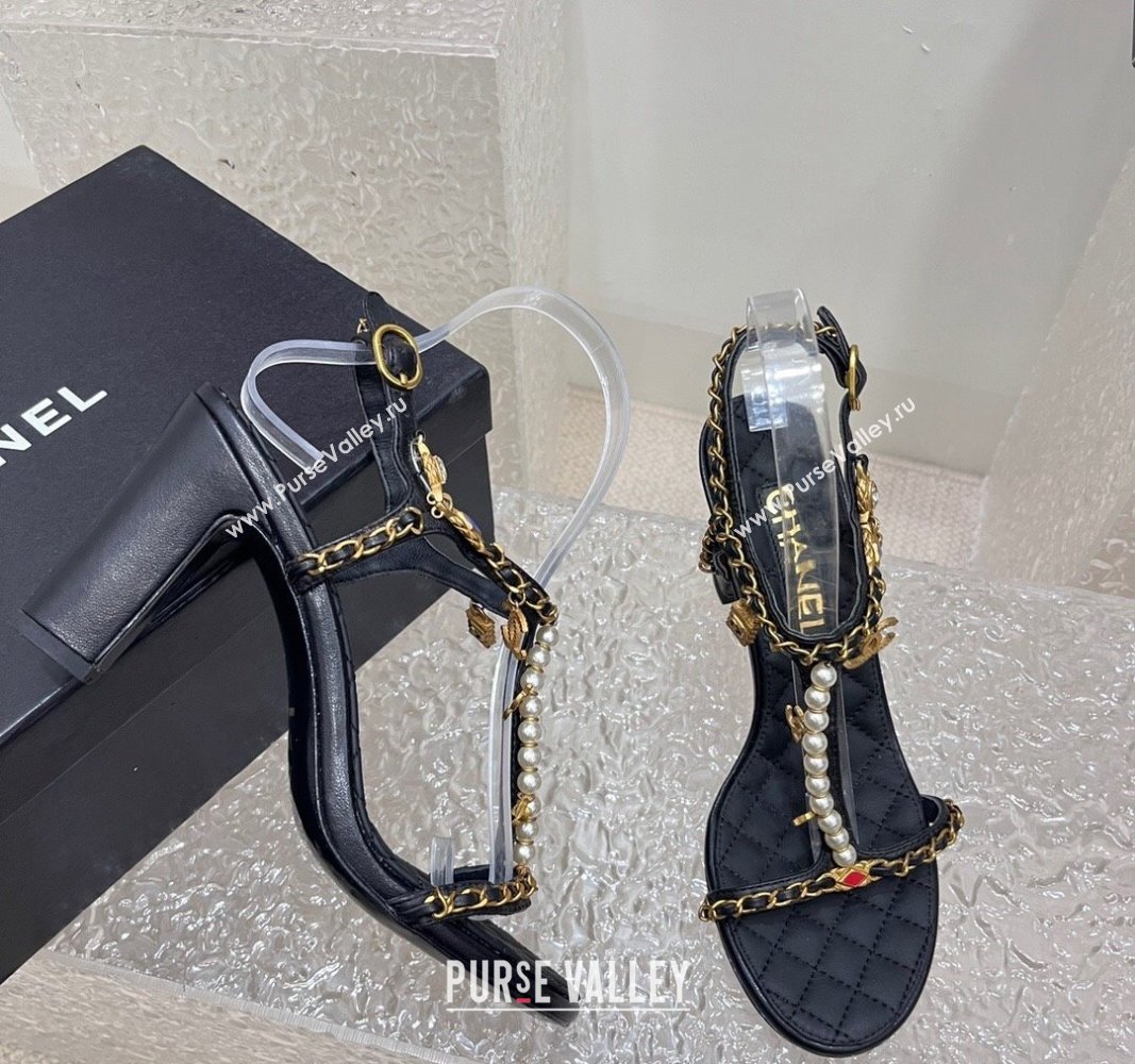 Chanel Lambskin Heel Sandals 8cm with Pearls and Chain Black 2024 0325 (SS-240325077)