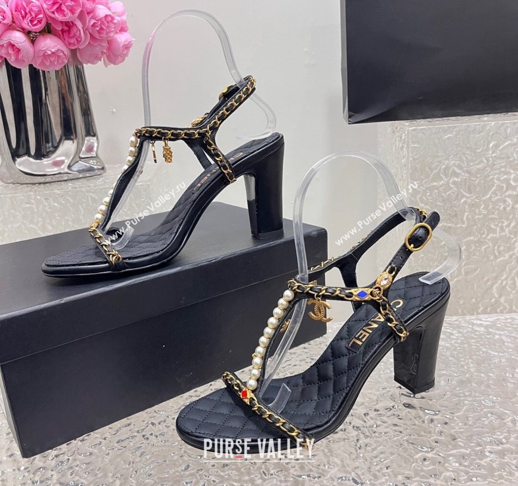 Chanel Lambskin Heel Sandals 8cm with Pearls and Chain Black 2024 0325 (SS-240325077)