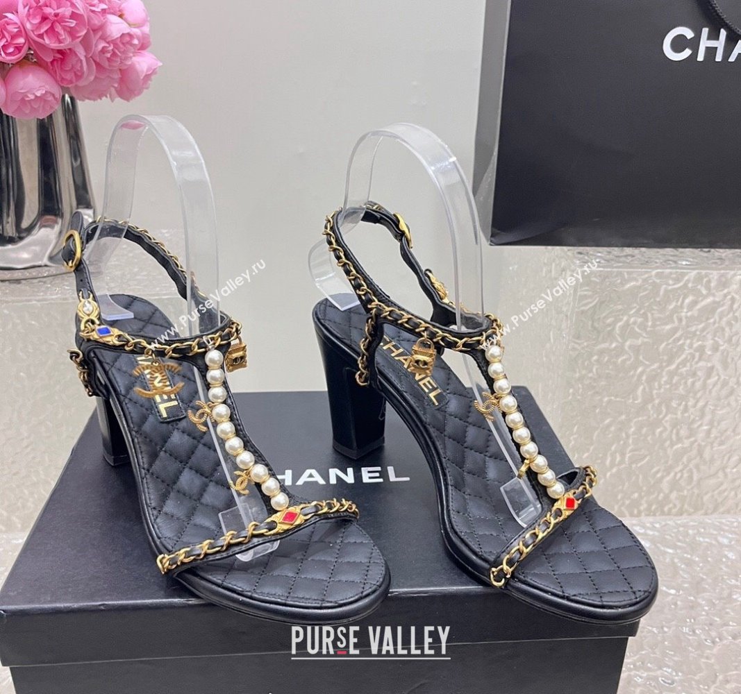 Chanel Lambskin Heel Sandals 8cm with Pearls and Chain Black 2024 0325 (SS-240325077)